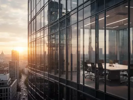 Moderne Glasfassade eines Bürogebäudes im deutschen Finanzviertel bei Sonnenaufgang. - Foto: über boerse-global.de