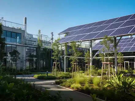 Moderne Industrieanlage mit Solarpaneelen und Begrünung als Symbol für Dekarbonisierung und Ressourcenschonung. - Foto: über boerse-global.de