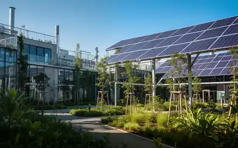 Moderne Industrieanlage mit Solarpaneelen und Begrünung als Symbol für Dekarbonisierung und Ressourcenschonung. - Foto: über boerse-global.de