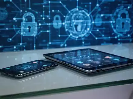 Smartphone und Tablet auf einem Schreibtisch mit unscharfem digitalem Sicherheitsnetzwerk-Hintergrund, das Apple-Software-Updates darstellt. - Foto: über boerse-global.de