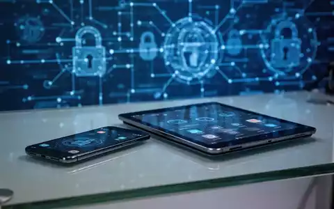 Smartphone und Tablet auf einem Schreibtisch mit unscharfem digitalem Sicherheitsnetzwerk-Hintergrund, das Apple-Software-Updates darstellt. - Foto: über boerse-global.de