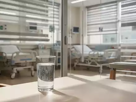 Ein Glas frisches Wasser auf einem Tisch in einem klimatisierten Pflegeheim vor einem sonnendurchfluteten Fenster. - Foto: über boerse-global.de