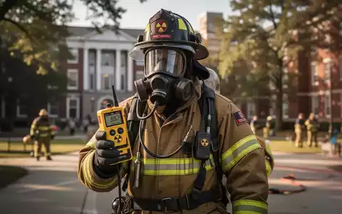 Feuerwehrmann in Schutzkleidung nutzt ein Messgerät zur Detektion radioaktiver Stoffe während einer Übung auf einem Campus. - Foto: über boerse-global.de