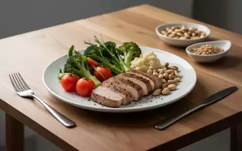 Gesunde Mahlzeit mit frischem Gemüse, Proteinen und gesunden Fetten auf einem Holztisch zur Blutzuckerregulierung. - Foto: über boerse-global.de