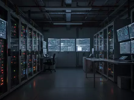 Modernes Kontrollzentrum einer Industrieanlage mit digitalen Monitoren und Servern als Symbol für Infrastruktur. - Foto: über boerse-global.de