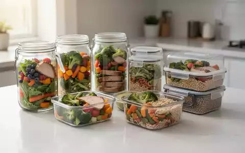 Modernes Meal-Prep mit gesunden, vorportionierten Mahlzeiten in Gläsern und Schalen auf einer Küchentheke. - Foto: über boerse-global.de