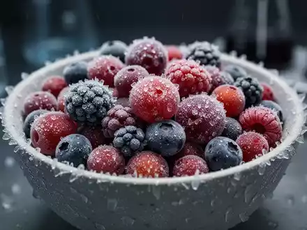Eine Schale mit gefrorenen Beerenmischungen, bedeckt mit einer leichten Frostschicht, vor einem neutralen Hintergrund. - Foto: über boerse-global.de