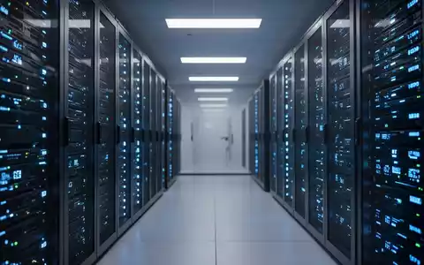 Moderner Serverraum eines Rechenzentrums mit blauen Leuchten, die Cloud-Infrastruktur und KI darstellen. - Foto: über boerse-global.de