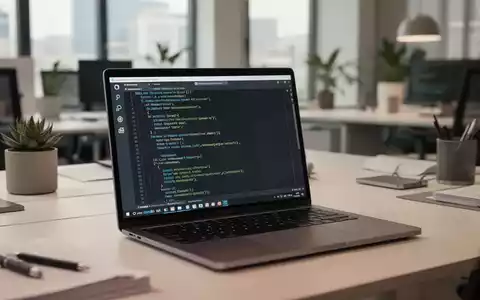 Moderner Büroschreibtisch mit Laptop, der Open-Source-Softwarecode zeigt, Symbol für europäische digitale Souveränität. - Foto: über boerse-global.de