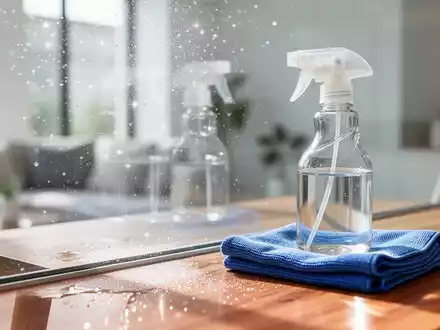 Eine Glasreinigungsflasche mit Essiglösung und ein Mikrofasertuch auf einem sauberen Tisch vor einer klaren Fensterfläche. - Foto: über boerse-global.de