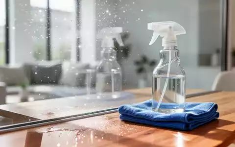 Eine Glasreinigungsflasche mit Essiglösung und ein Mikrofasertuch auf einem sauberen Tisch vor einer klaren Fensterfläche. - Foto: über boerse-global.de