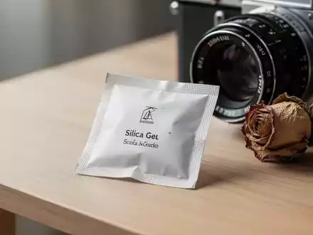 Ein kleiner Kieselgel-Beutel neben einem Kameraobjektiv und einer getrockneten Rose auf einem Holztisch. - Foto: über boerse-global.de