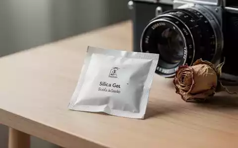 Ein kleiner Kieselgel-Beutel neben einem Kameraobjektiv und einer getrockneten Rose auf einem Holztisch. - Foto: über boerse-global.de