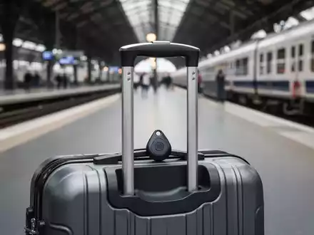 Ein Bluetooth-Tracker an einem Reisekoffer in einem Bahnhof als Symbol für digitale Diebstahlprävention. - Foto: über boerse-global.de
