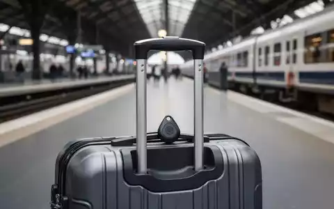 Ein Bluetooth-Tracker an einem Reisekoffer in einem Bahnhof als Symbol für digitale Diebstahlprävention. - Foto: über boerse-global.de