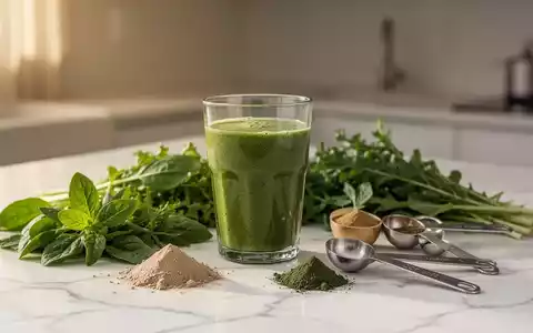 Ein Glas mit einem grünen Smoothie und verschiedene grüne Pulverzutaten auf einer modernen Küchenarbeitsplatte. - Foto: über boerse-global.de