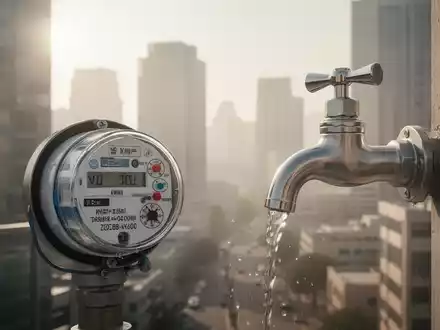 Nahaufnahme eines modernen Wasserzählers in einer sommerlichen Stadtlandschaft als Symbol für nachhaltige Wasserwirtschaft. - Foto: über boerse-global.de