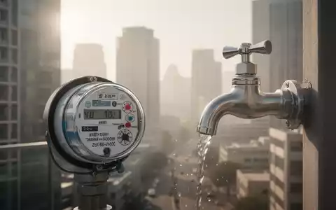 Nahaufnahme eines modernen Wasserzählers in einer sommerlichen Stadtlandschaft als Symbol für nachhaltige Wasserwirtschaft. - Foto: über boerse-global.de
