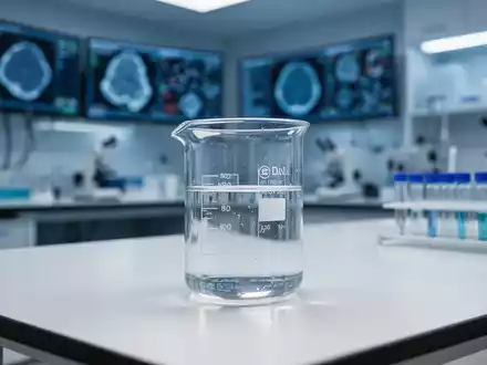 Ein medizinisches Labor mit einem Glasbecher auf einem Labortisch vor unscharfen Monitoren und Forschungsgeräten. - Foto: über boerse-global.de