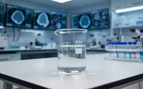 Ein medizinisches Labor mit einem Glasbecher auf einem Labortisch vor unscharfen Monitoren und Forschungsgeräten. - Foto: über boerse-global.de
