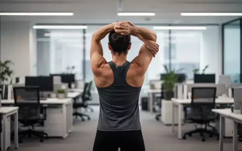 Person bei Dehnübungen in einem modernen Büro zur Prävention von Rückenschmerzen. - Foto: über boerse-global.de