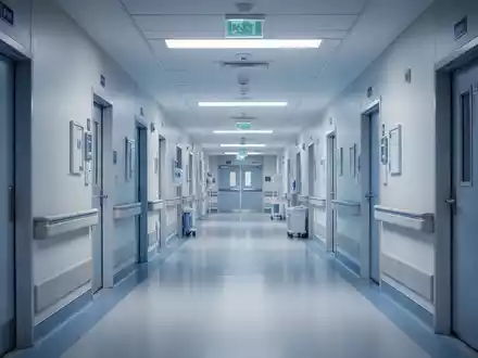 Moderner, leerer Krankenhausflur mit steriler Beleuchtung und professioneller Architektur. - Foto: über boerse-global.de