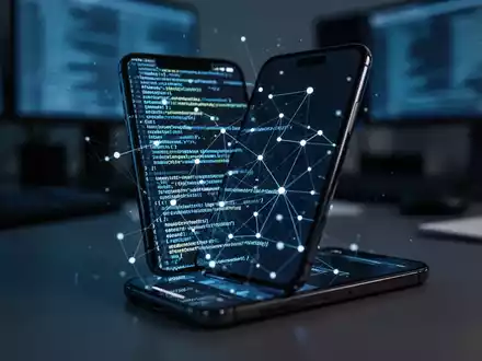 Ein Smartphone zeigt abstrakten Programmcode und Netzwerkknoten, was digitale Sicherheitsrisiken symbolisiert. - Foto: über boerse-global.de