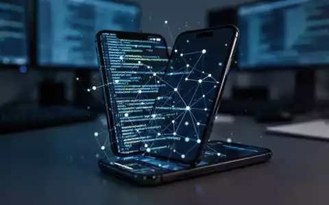 Ein Smartphone zeigt abstrakten Programmcode und Netzwerkknoten, was digitale Sicherheitsrisiken symbolisiert. - Foto: über boerse-global.de