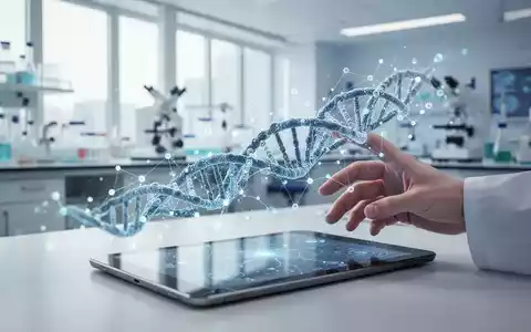 Ein modernes medizinisches Labor mit einem Tablet, das KI-gestützte Datenvisualisierungen und digitale DNA-Strukturen zeigt. - Foto: über boerse-global.de