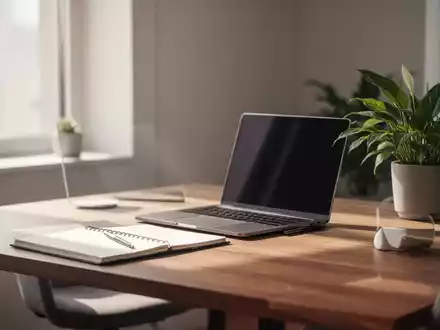 Ein aufgeräumter, moderner Arbeitsplatz im Homeoffice mit Laptop und einer Pflanze bei hellem Tageslicht. - Foto: über boerse-global.de