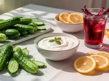 Ein sommerlicher Tisch mit frischem Gemüse, Joghurt, Zitronen und einem kalten Tee als erfrischende Mahlzeit bei Hitze. - Foto: über boerse-global.de