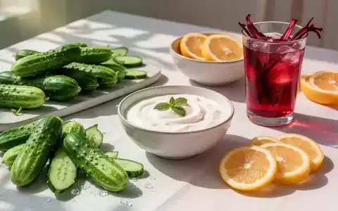 Ein sommerlicher Tisch mit frischem Gemüse, Joghurt, Zitronen und einem kalten Tee als erfrischende Mahlzeit bei Hitze. - Foto: über boerse-global.de
