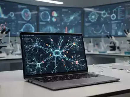 Modernes Labor mit Laptop, der komplexe Datenvisualisierungen und neuronale Netzwerkmuster zeigt. - Foto: über boerse-global.de