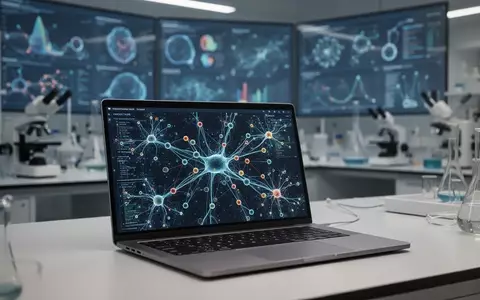Modernes Labor mit Laptop, der komplexe Datenvisualisierungen und neuronale Netzwerkmuster zeigt. - Foto: über boerse-global.de