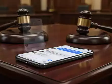 A modern smartphone displaying a chat interface on a desk in a courtroom, symbolizing the legal debate on digital privacy. - Foto: über boerse-global.de