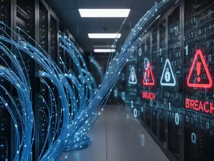 Digitale Visualisierung eines Datenlecks in einem Serverraum mit blau leuchtenden Datenströmen und binärem Code. - Foto: über boerse-global.de
