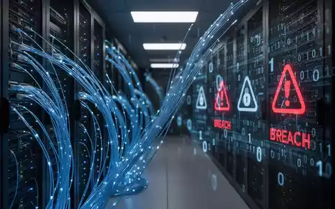 Digitale Visualisierung eines Datenlecks in einem Serverraum mit blau leuchtenden Datenströmen und binärem Code. - Foto: über boerse-global.de