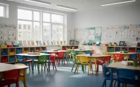 Modernes Grundschulklassenzimmer mit bunten Möbeln und Lernmaterialien in einer hellen, freundlichen Umgebung. - Foto: über boerse-global.de