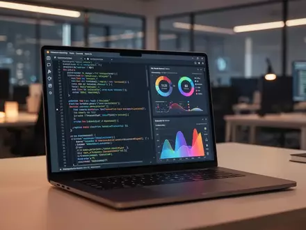 Ein Laptop-Bildschirm zeigt KI-generierten Code und UI-Design in einem modernen, professionellen Arbeitsbereich. - Foto: über boerse-global.de