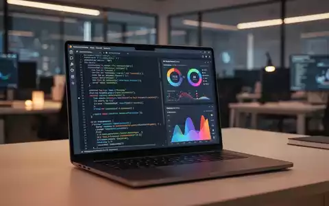 Ein Laptop-Bildschirm zeigt KI-generierten Code und UI-Design in einem modernen, professionellen Arbeitsbereich. - Foto: über boerse-global.de