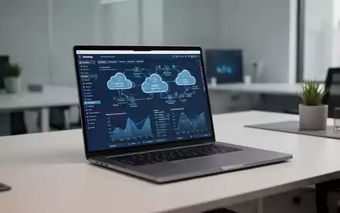 Moderner Arbeitsplatz mit Laptop, auf dem komplexe Datenanalysen und Cloud-Diagramme für die Unternehmensverwaltung zu sehen sind. - Foto: über boerse-global.de