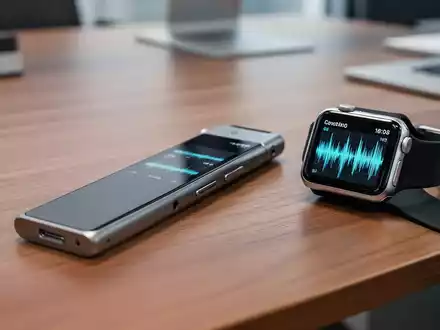 Ein schlankes digitales Diktiergerät und eine Smartwatch mit Transkriptionswellenform auf einem modernen Schreibtisch. - Foto: über boerse-global.de
