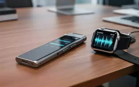 Ein schlankes digitales Diktiergerät und eine Smartwatch mit Transkriptionswellenform auf einem modernen Schreibtisch. - Foto: über boerse-global.de
