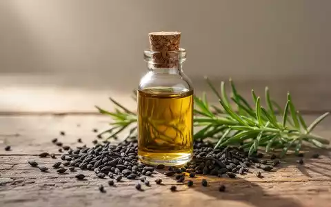 Nahaufnahme einer kleinen Glasflasche mit Schwarzkümmelöl neben verstreuten Samen auf einem Holztisch. - Foto: über boerse-global.de
