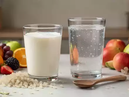 Gläser mit Milchkefir und Wasserkefir sowie Kefirknollen auf einem Holztisch. - Foto: über boerse-global.de