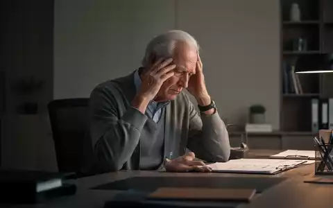 Eine ältere Person sitzt nachdenklich am Schreibtisch und fasst sich an den Kopf, symbolisch für geistige Erschöpfung. - Foto: über boerse-global.de