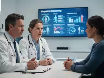 Ein Arzt im Gespräch mit einem Patienten in einer modernen Praxis, im Hintergrund ein Monitor mit Gesundheitsdaten. - Foto: über boerse-global.de