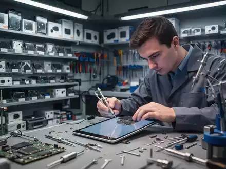 Ein Techniker repariert in einer modernen Werkstatt ein elektronisches Gerät, umgeben von Ersatzteilen und Werkzeugen. - Foto: über boerse-global.de