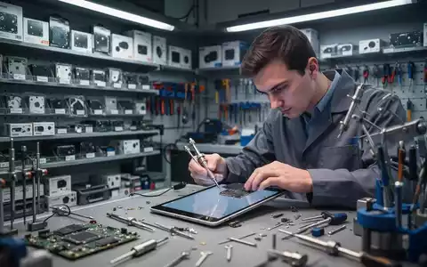 Ein Techniker repariert in einer modernen Werkstatt ein elektronisches Gerät, umgeben von Ersatzteilen und Werkzeugen. - Foto: über boerse-global.de