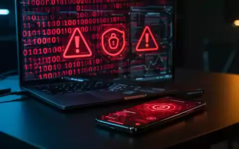 Ein Laptop und ein Smartphone mit gefährlichem Code auf den Bildschirmen als Symbol für Cyberbetrug durch APK-Dateien. - Foto: über boerse-global.de